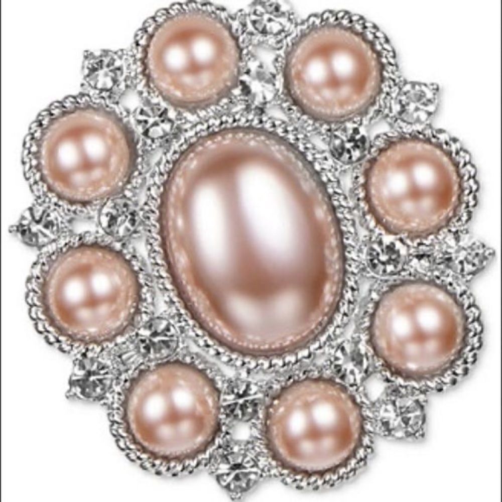 Charter Club Silver-Tone Pave Imitation Pink Pearl Oval Pin Brooch New